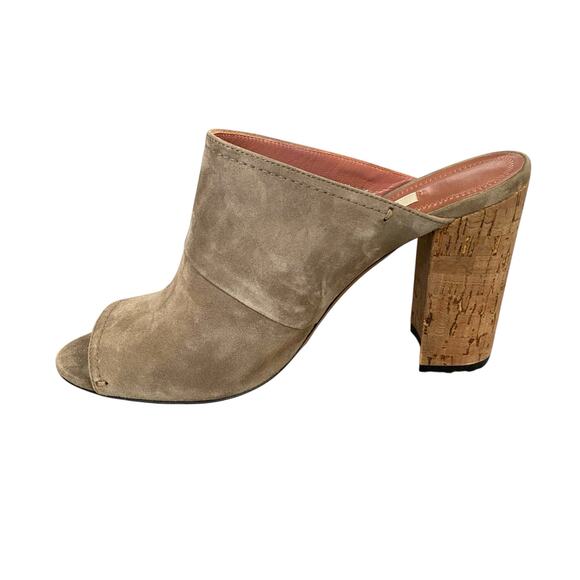 Bally Chiton Suede Cork Heeled Mules Fit Sz 6.5 Taupe Open Toe New w/ Small Flaw - Picture 7 of 12